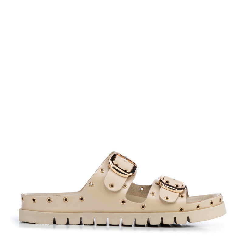 Damskie klapki ze skóry z metalowymi detalami beżowo - złote 100-D-550-9G