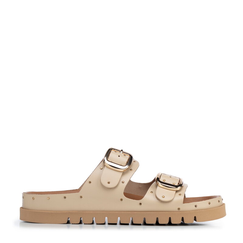 Damskie klapki ze skóry z nitami beżowe 100-D-552-9