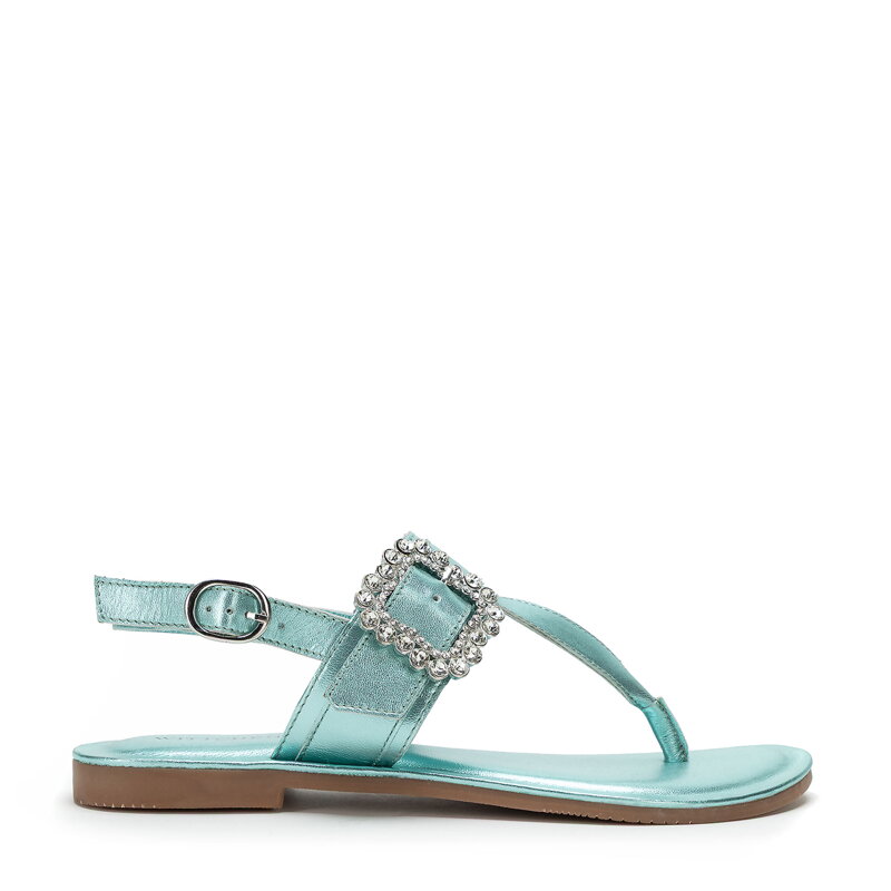 Damskie sandały ze skóry z ozdobną klamrą niebieskie 100-D-705-N