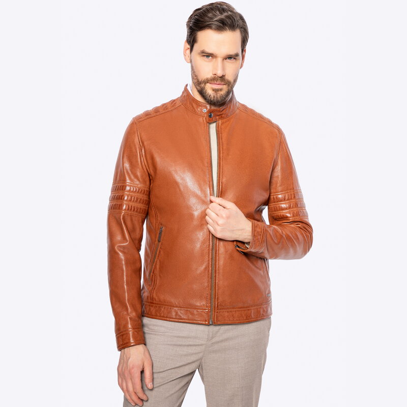 Męska kurtka biker ze skóry z przeszyciami jasny brąz 100-09-808-5