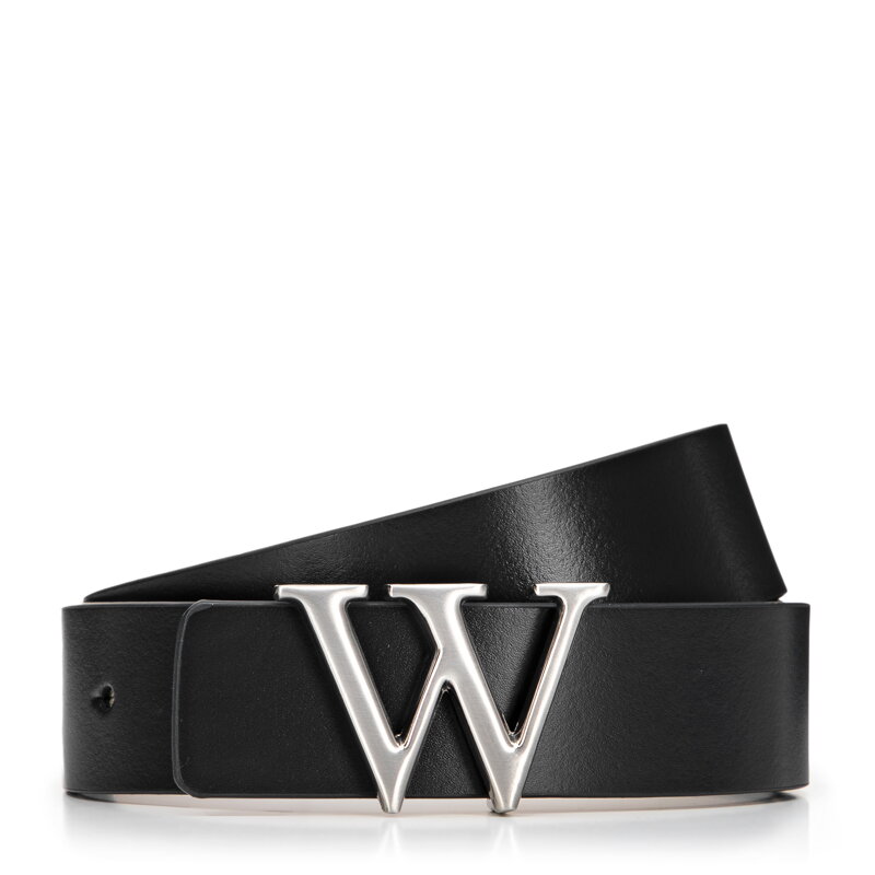 Skórzany pasek z literą „W” na klamrze granatowo - beżowy 99-8D-129-7