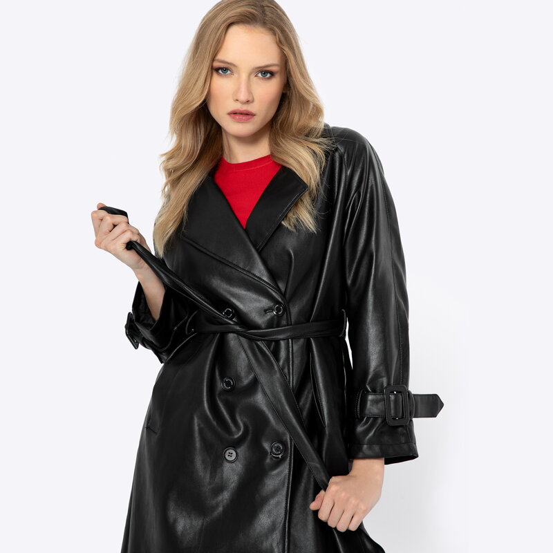 Damski płaszcz z ekoskóry dwurzędowy czarny 99-9P-105-1