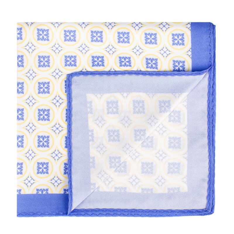 Poszetka z jedwabiu we wzory niebiesko-żółta 97-7P-001-X1