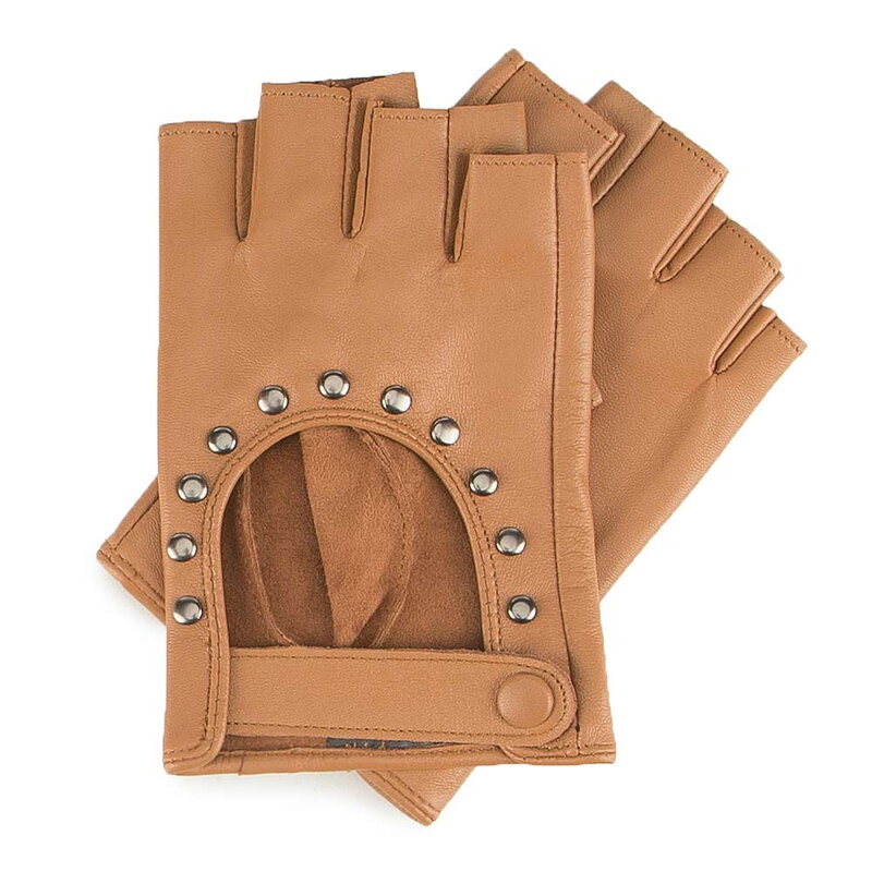Damskie rękawiczki skórzane bez palców z nitami brązowe 46-6-306-B