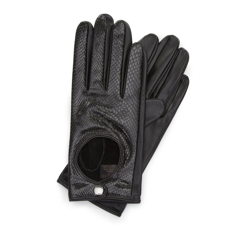 Damskie rękawiczki skórzane samochodowe klasyczne czarne 46-6A-002-1