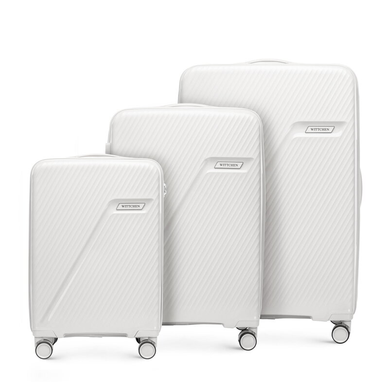 Zestaw walizek z polipropylenu w ukośne pasy biało - srebrny 56-3T-50S-89