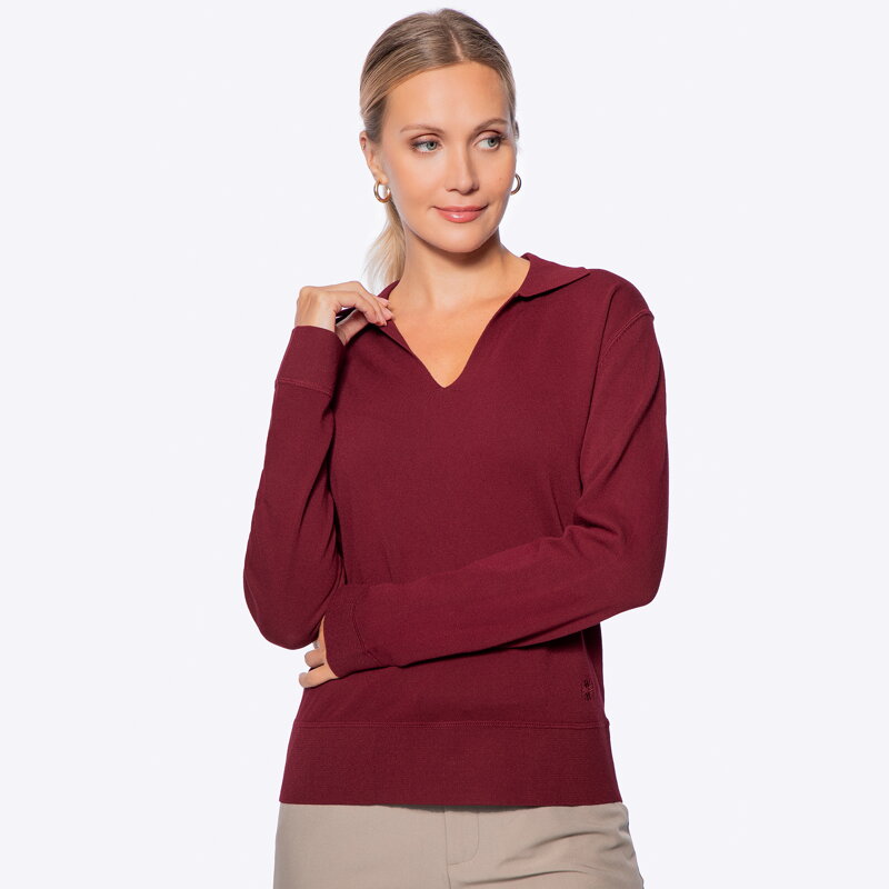 Sweter damski z dekoltem V-neck z wiskozy i nylonu bordowy 29-99-005-3