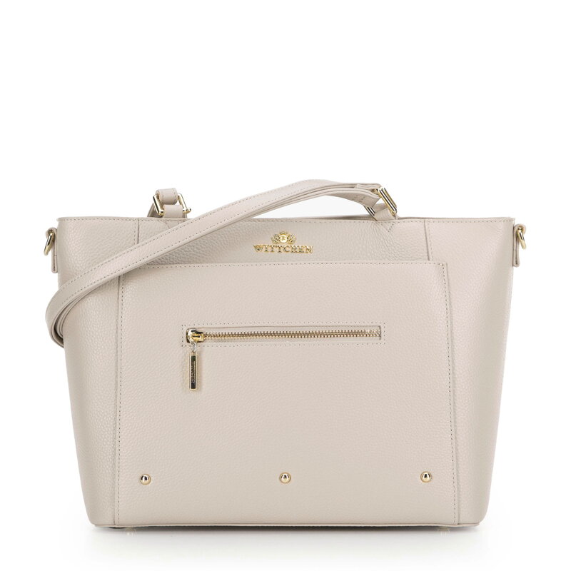 Dámska kožená shopper kabelka s vreckami krémová a zlatá 100-4E-607-9G