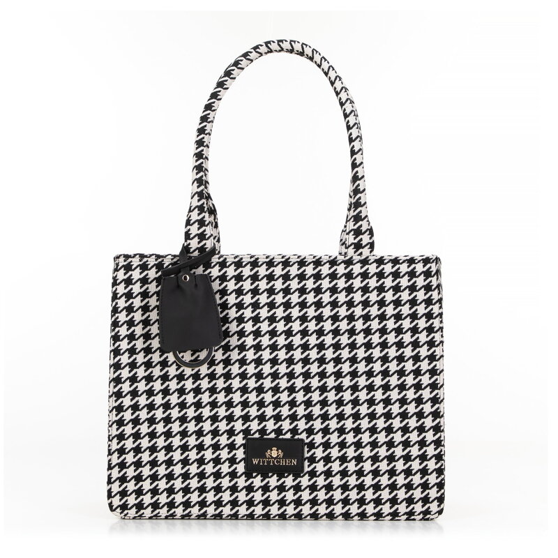 Dámska žakárová shopper kabelka so strapcom, čierna a biela 99-4E-501-X3