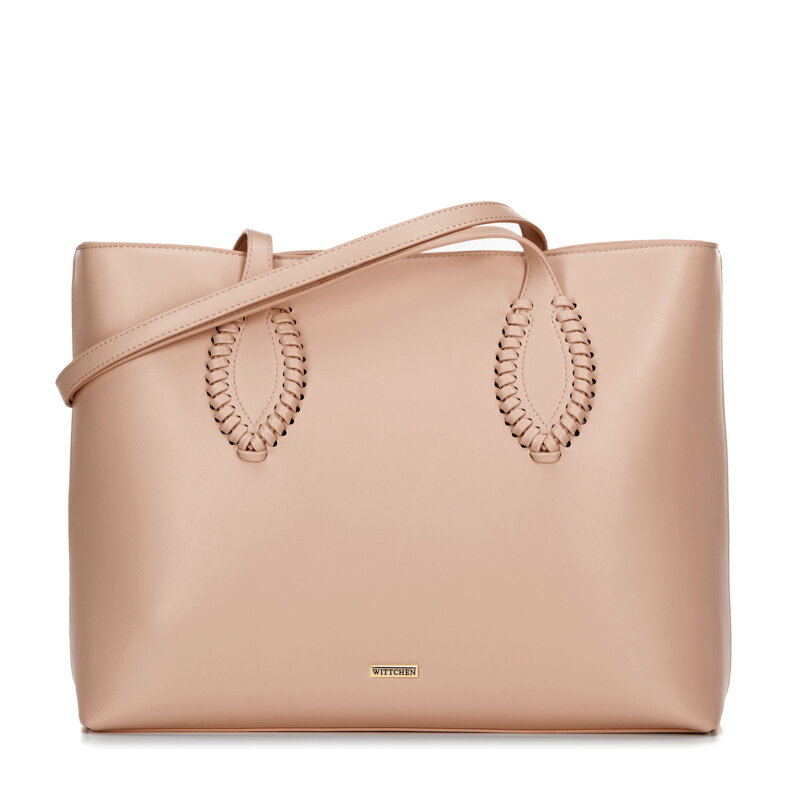 Dámska shopper kabelka z ekokože s pletenými detailmi béžová 100-4Y-234-9