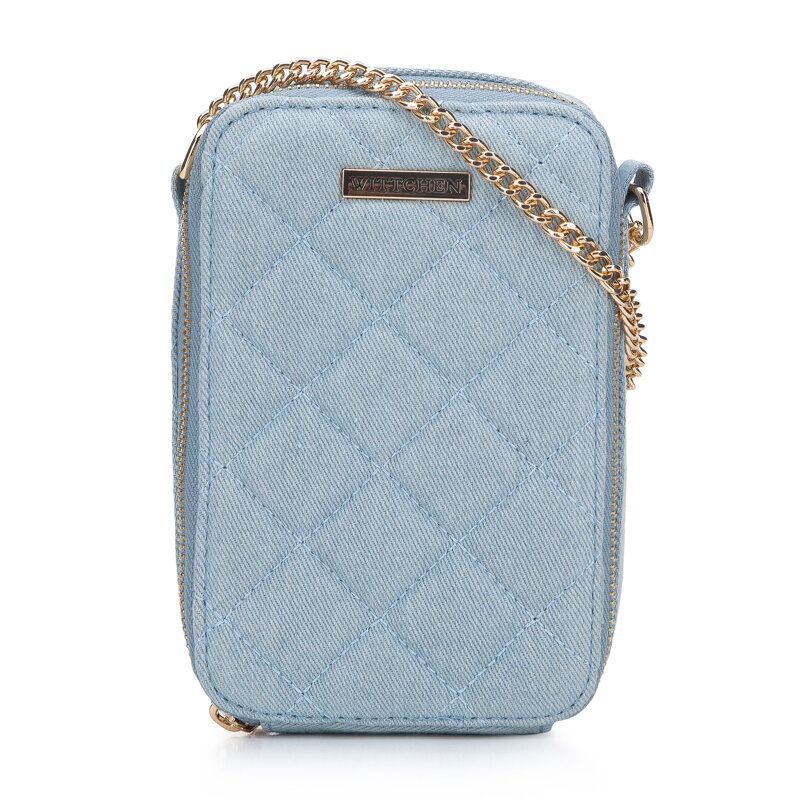 Dámska mini kabelka z prešívaného denimu na retiazke svetlomodrá 95-2Y-703-N