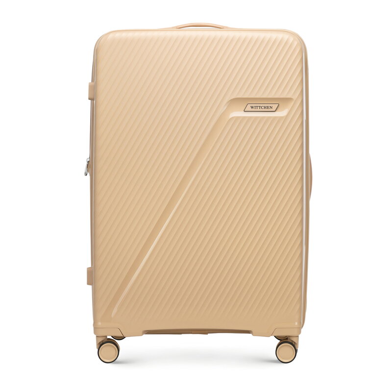 Duża walizka z polipropylenu w ukośne pasy beżowa 56-3T-503-86