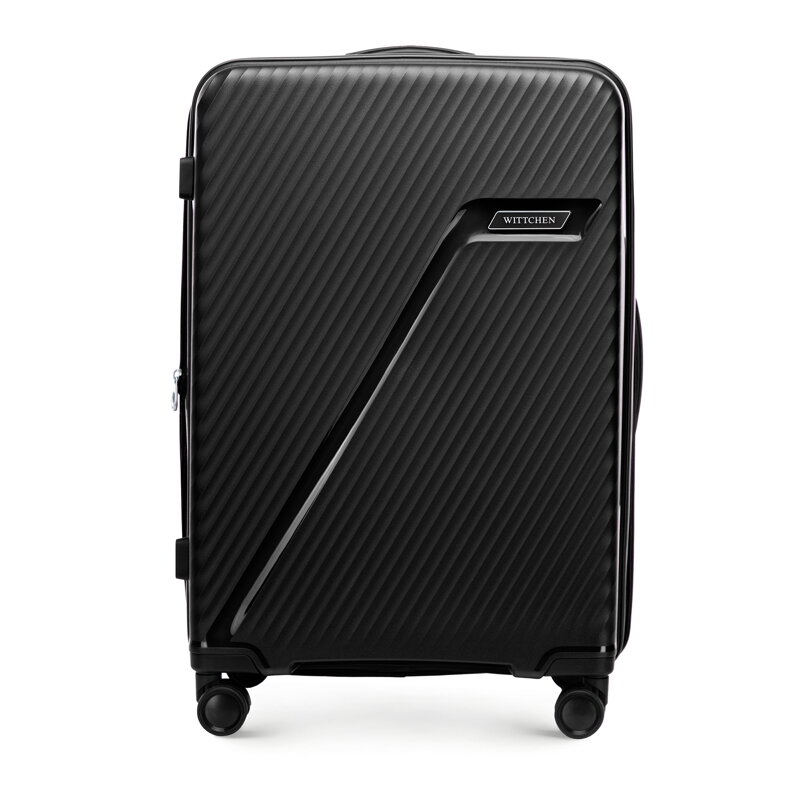 Średnia walizka z polipropylenu w ukośne pasy czarno - srebrna 56-3T-502-10