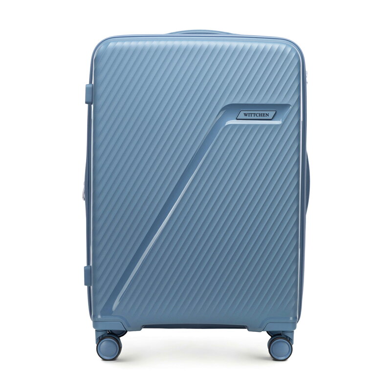 Średnia walizka z polipropylenu w ukośne pasy niebiesko - szara 56-3T-502-70