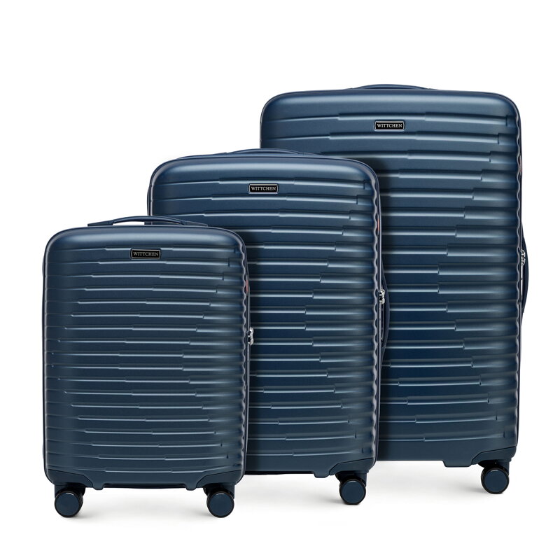 Zestaw walizek z polikarbonu w poziome żebrowanie granatowy 56-3P-61S-70