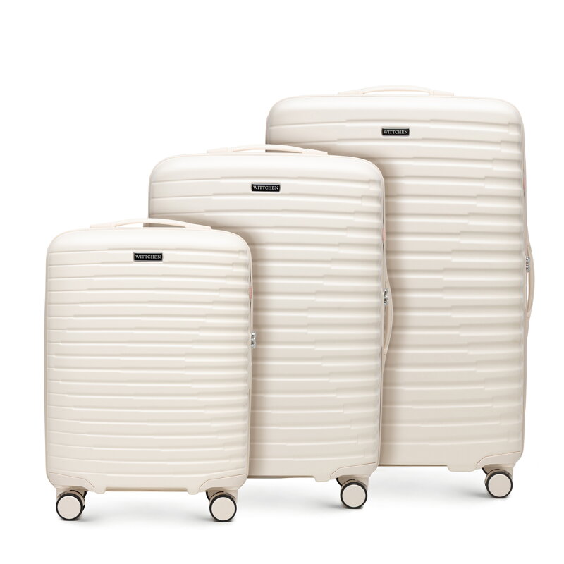 Zestaw walizek z polikarbonu w poziome żebrowanie kremowy 56-3P-61S-88