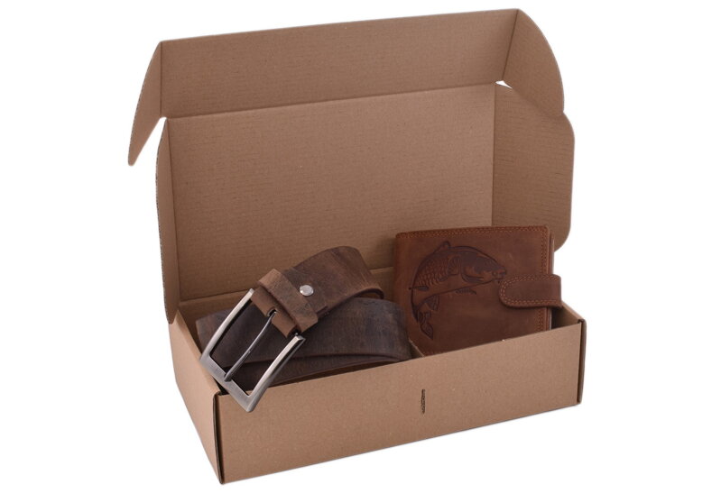 Rybársky darčekový set kapor - pánska peňaženka 2911906 a pánsky opasok tmavý hladký 747